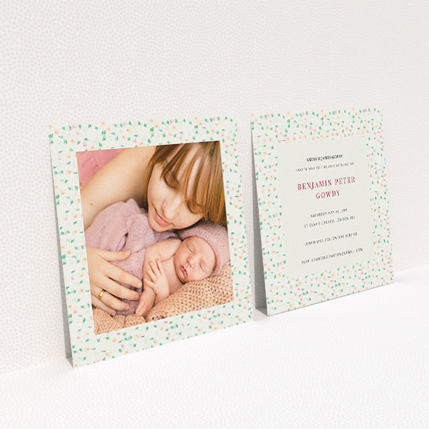 A christening invite called "Floral abstract". It is a square (148mm x 148mm) invite in a square orientation. It is a photographic christening invite with room for 1 photo. "Floral abstract" is available as a flat invite, with mainly cream colouring.