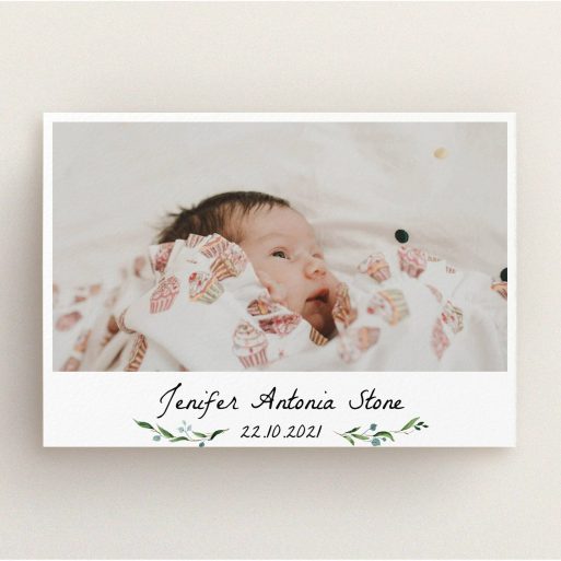 Christening Invite Design - "Floral Fix" A christening invite design named "Floral Fix". It is an A5 invite in a landscape orientation. It is a photographic christening invite with room for 1 photo. "Floral Fix" is available as a flat invite, with tones of black and white.