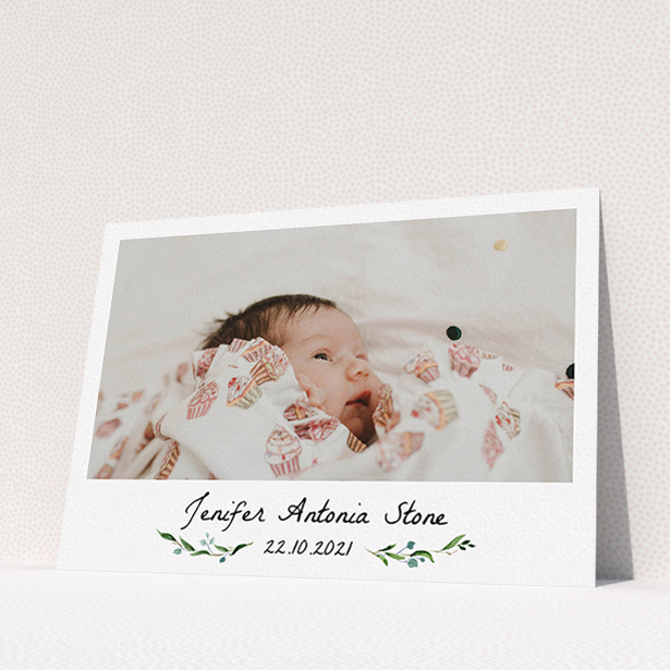 A christening invite design named "Floral Fix". It is an A5 invite in a landscape orientation. It is a photographic christening invite with room for 1 photo. "Floral Fix" is available as a flat invite, with tones of black and white.