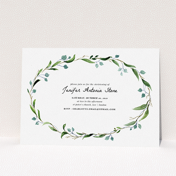 A christening invite design named "Floral Fix". It is an A5 invite in a landscape orientation. It is a photographic christening invite with room for 1 photo. "Floral Fix" is available as a flat invite, with tones of black and white.