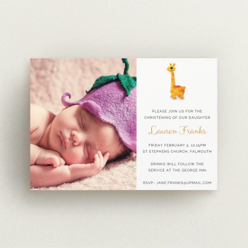 Christening Invite Design - "Fluffy Giraffe" A christening invite template titled "Fluffy Giraffe". It is an A6 invite in a landscape orientation. It is a photographic christening invite with room for 1 photo. "Fluffy Giraffe" is available as a flat invite, with tones of white and orange.
