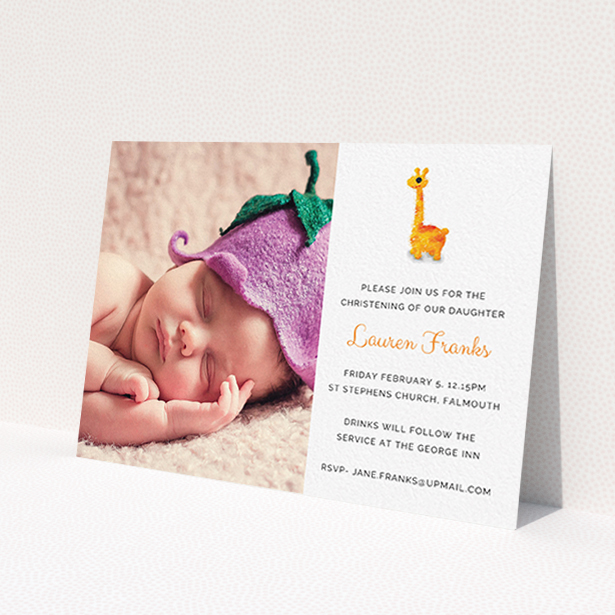 A christening invite template titled 'Fluffy Giraffe'. It is an A6 invite in a landscape orientation. It is a photographic christening invite with room for 1 photo. 'Fluffy Giraffe' is available as a flat invite, with tones of white and orange.