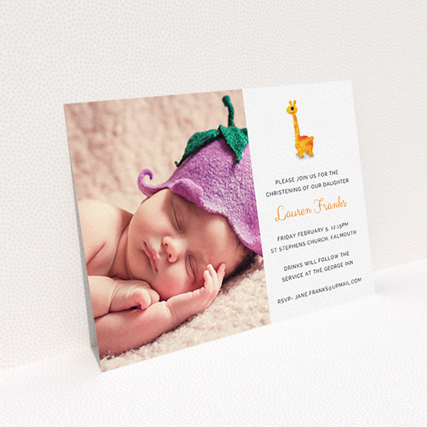 A christening invite template titled "Fluffy Giraffe". It is an A6 invite in a landscape orientation. It is a photographic christening invite with room for 1 photo. "Fluffy Giraffe" is available as a flat invite, with tones of white and orange.