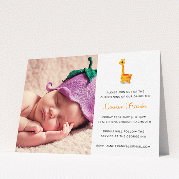 A christening invite template titled "Fluffy Giraffe". It is an A6 invite in a landscape orientation. It is a photographic christening invite with room for 1 photo. "Fluffy Giraffe" is available as a flat invite, with tones of white and orange.