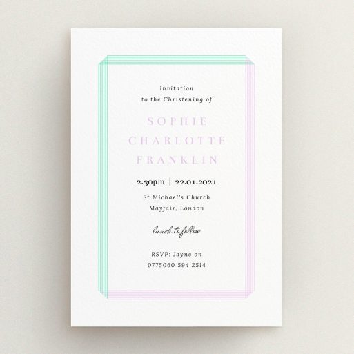 Christening Invite Design - "Folded" A christening invite called "Folded". It is an A5 invite in a portrait orientation. "Folded" is available as a flat invite, with tones of purple and green.