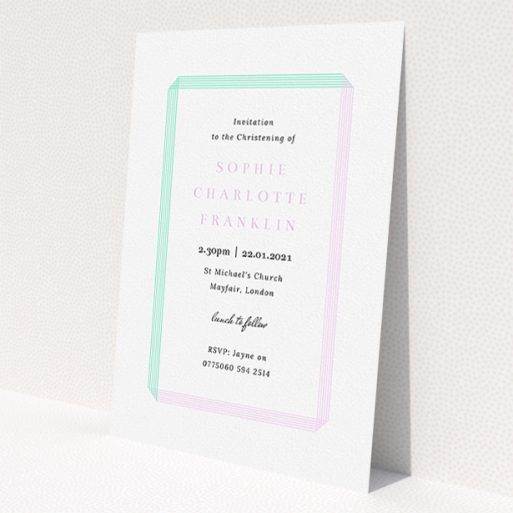 A christening invite called 'Folded'. It is an A5 invite in a portrait orientation. 'Folded' is available as a flat invite, with tones of purple and green.
