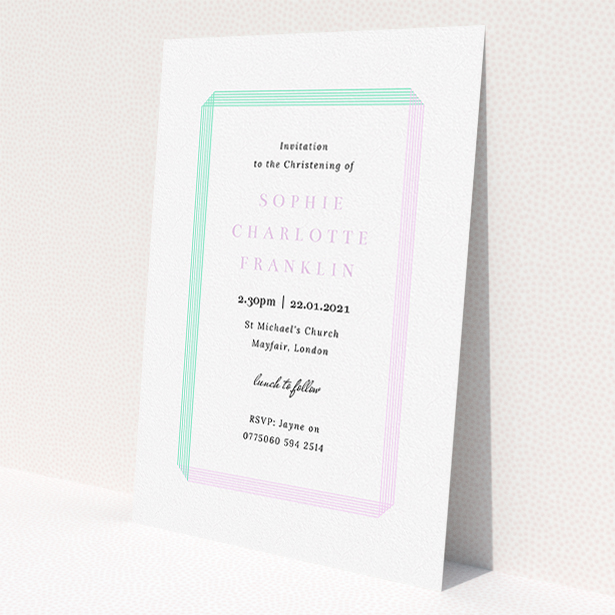 A christening invite called "Folded". It is an A5 invite in a portrait orientation. "Folded" is available as a flat invite, with tones of purple and green.