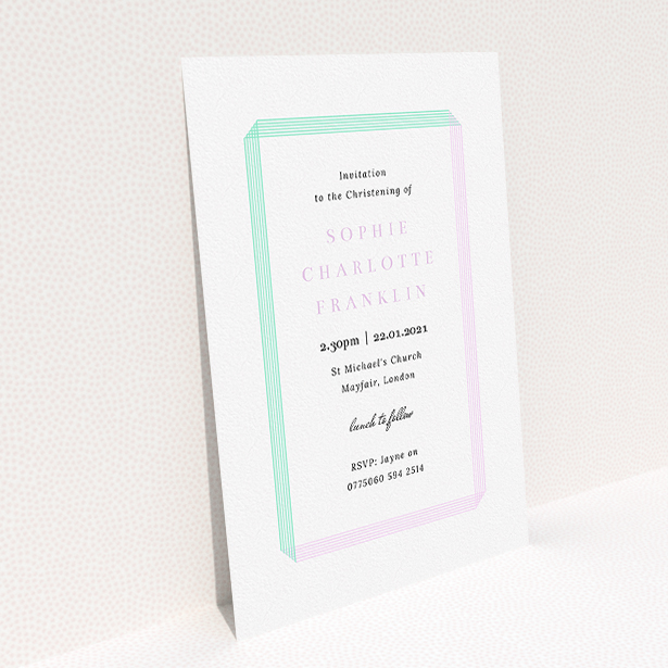 A christening invite called "Folded". It is an A5 invite in a portrait orientation. "Folded" is available as a flat invite, with tones of purple and green.