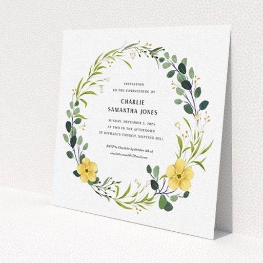 A christening invite design named 'Full-bloom wreath'. It is a square (148mm x 148mm) invite in a square orientation. 'Full-bloom wreath' is available as a flat invite, with tones of light green, dark green and yellow.