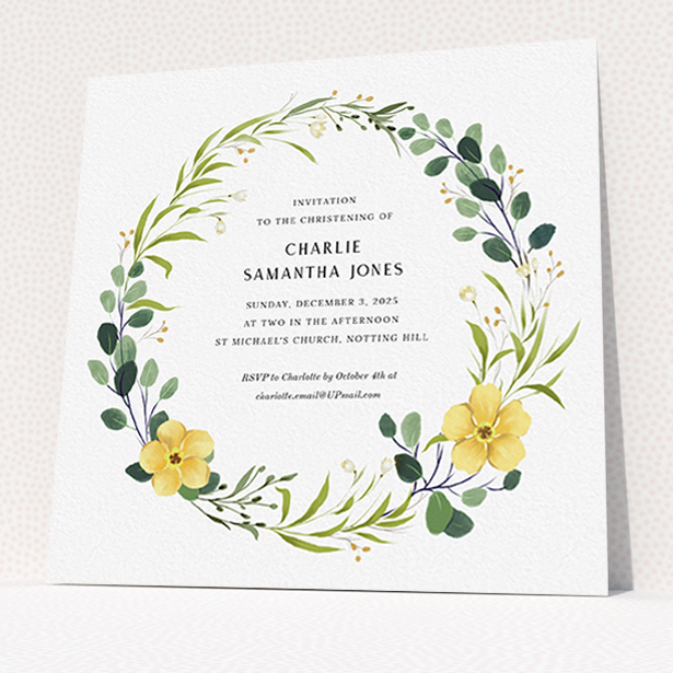 A christening invite design named "Full-bloom wreath". It is a square (148mm x 148mm) invite in a square orientation. "Full-bloom wreath" is available as a flat invite, with tones of light green, dark green and yellow.