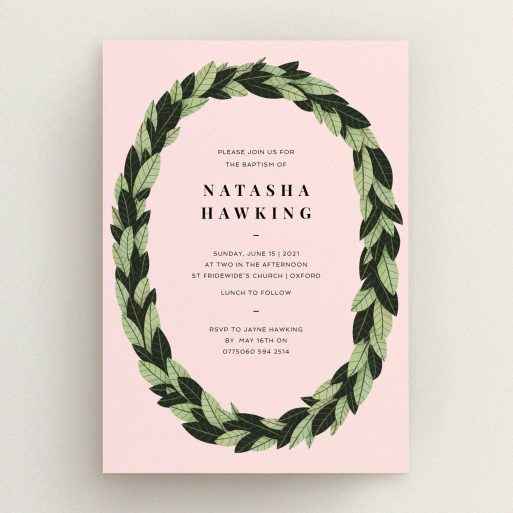 Christening Invite Design - "Full-bodied Wreath" A christening invite design named "Full-bodied Wreath". It is an A5 invite in a portrait orientation. "Full-bodied Wreath" is available as a flat invite, with tones of pink, dark green and light green.