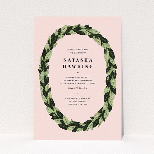 A christening invite design named "Full-bodied Wreath". It is an A5 invite in a portrait orientation. "Full-bodied Wreath" is available as a flat invite, with tones of pink, dark green and light green.