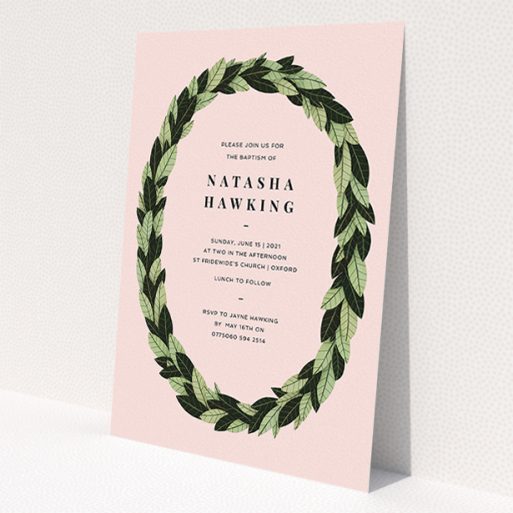 A christening invite design named 'Full-bodied Wreath'. It is an A5 invite in a portrait orientation. 'Full-bodied Wreath' is available as a flat invite, with tones of pink, dark green and light green.