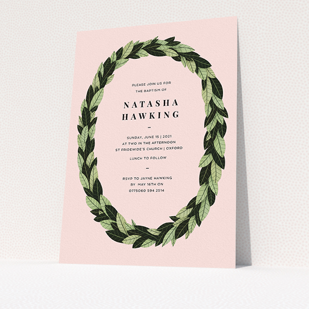 A christening invite design named "Full-bodied Wreath". It is an A5 invite in a portrait orientation. "Full-bodied Wreath" is available as a flat invite, with tones of pink, dark green and light green.