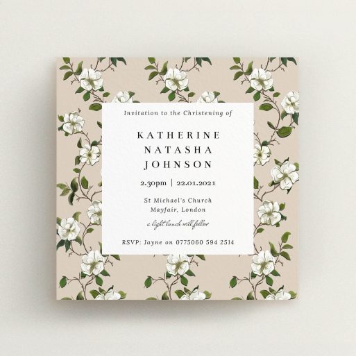 Christening Invite Design - "Garden Wall" A christening invite called "Garden Wall". It is a square (148mm x 148mm) invite in a square orientation. "Garden Wall" is available as a flat invite, with tones of cream, green and white.
