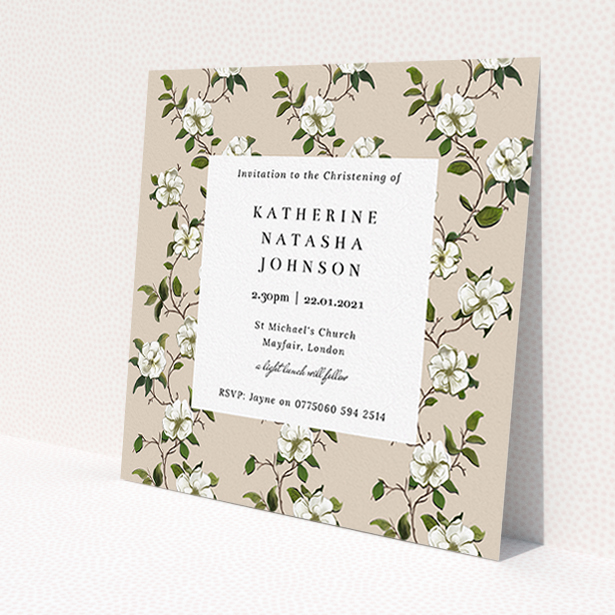 A christening invite called "Garden Wall". It is a square (148mm x 148mm) invite in a square orientation. "Garden Wall" is available as a flat invite, with tones of cream, green and white.