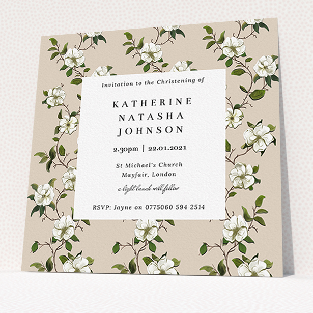 A christening invite called "Garden Wall". It is a square (148mm x 148mm) invite in a square orientation. "Garden Wall" is available as a flat invite, with tones of cream, green and white.