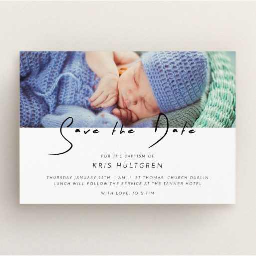 Christening Invite Design - "Introducing this guy" A christening invite design named "Introducing this guy". It is an A5 invite in a landscape orientation. It is a photographic christening invite with room for 1 photo. "Introducing this guy" is available as a flat invite, with mainly white colouring.