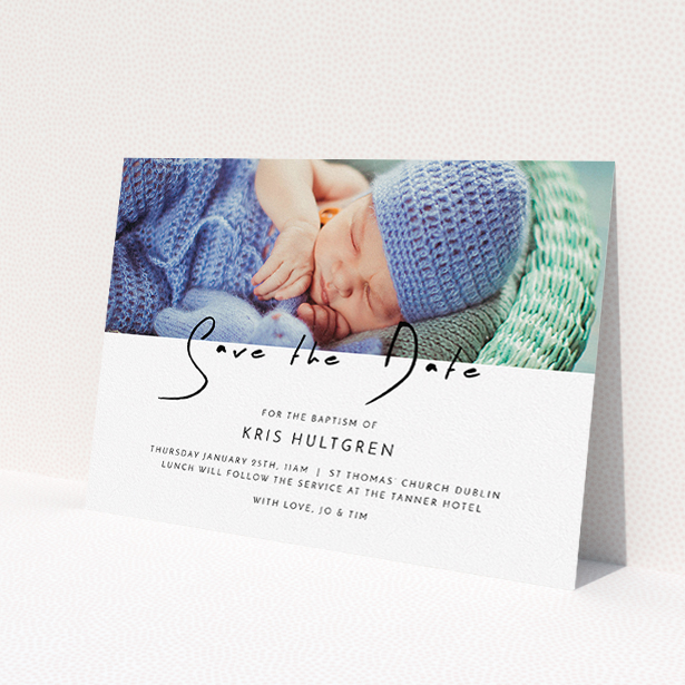 A christening invite design named "Introducing this guy". It is an A5 invite in a landscape orientation. It is a photographic christening invite with room for 1 photo. "Introducing this guy" is available as a flat invite, with mainly white colouring.