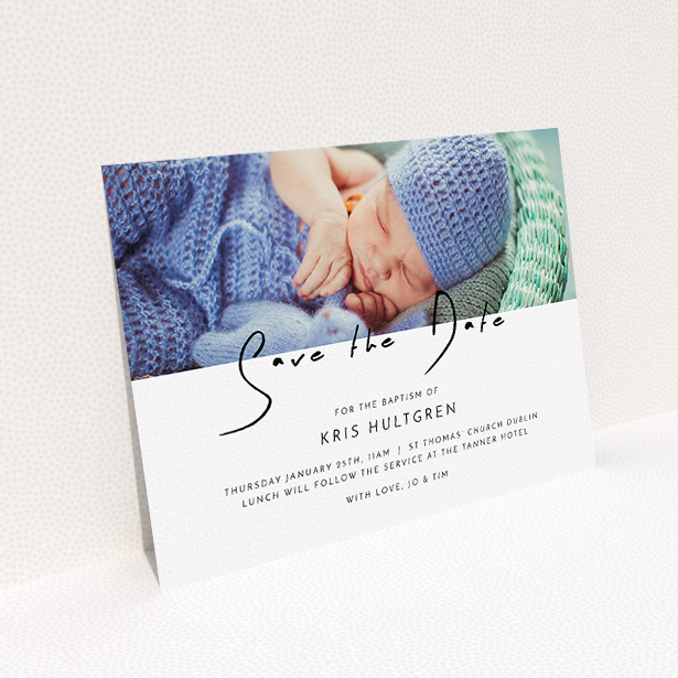 A christening invite design named "Introducing this guy". It is an A5 invite in a landscape orientation. It is a photographic christening invite with room for 1 photo. "Introducing this guy" is available as a flat invite, with mainly white colouring.