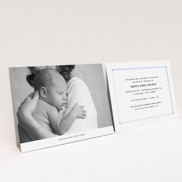 A christening invite design called "Landscape Photo". It is an A5 invite in a landscape orientation. It is a photographic christening invite with room for 1 photo. "Landscape Photo" is available as a flat invite, with mainly white colouring.