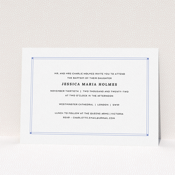 A christening invite design called "Landscape Photo". It is an A5 invite in a landscape orientation. It is a photographic christening invite with room for 1 photo. "Landscape Photo" is available as a flat invite, with mainly white colouring.