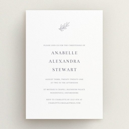 Christening Invite Design - "Leaf Simplicity" A christening invite design called "Leaf Simplicity". It is an A5 invite in a portrait orientation. "Leaf Simplicity" is available as a flat invite, with tones of white and grey.