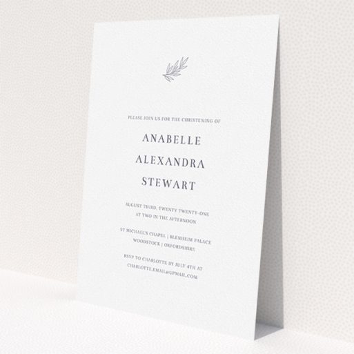 A christening invite design called 'Leaf Simplicity'. It is an A5 invite in a portrait orientation. 'Leaf Simplicity' is available as a flat invite, with tones of white and grey.