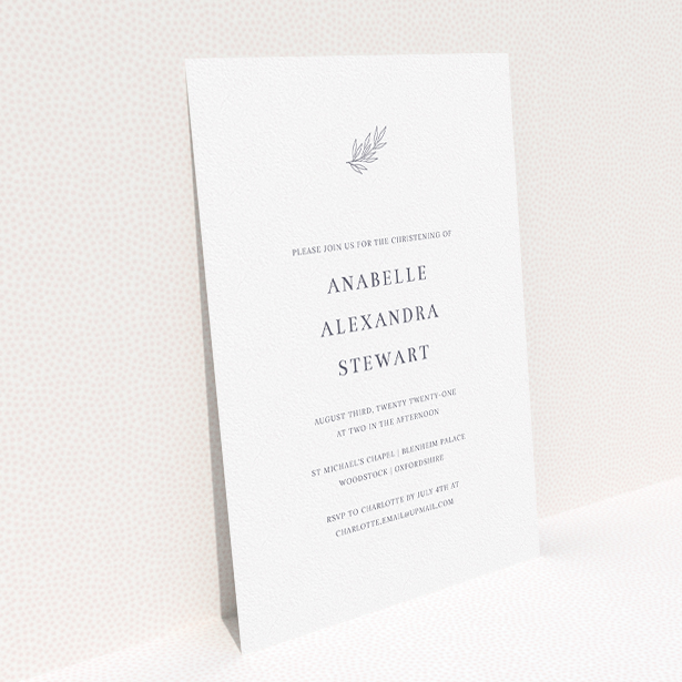A christening invite design called "Leaf Simplicity". It is an A5 invite in a portrait orientation. "Leaf Simplicity" is available as a flat invite, with tones of white and grey.