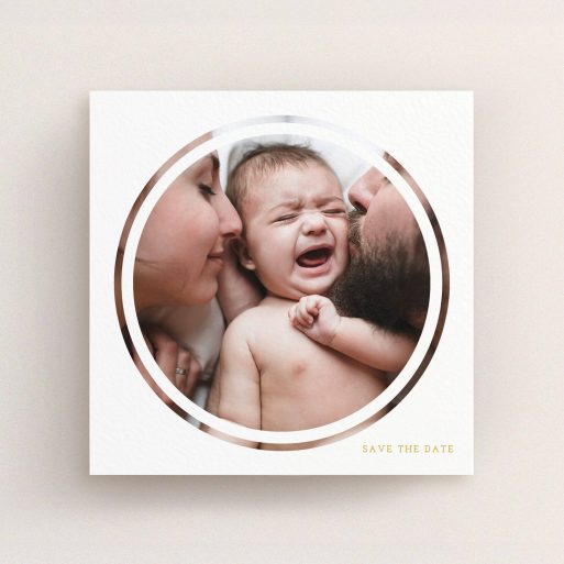 Christening Invite Design - "Modern Circle Frame" A christening invite called "Modern Circle Frame". It is a square (148mm x 148mm) invite in a square orientation. It is a photographic christening invite with room for 1 photo. "Modern Circle Frame" is available as a flat invite, with tones of white and orange.
