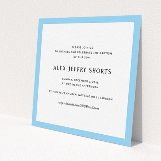 A christening invite design called 'Modern Thick Border'. It is a square (148mm x 148mm) invite in a square orientation. 'Modern Thick Border' is available as a flat invite, with tones of blue and white.