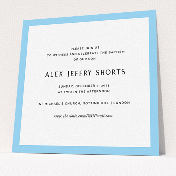 A christening invite design called "Modern Thick Border". It is a square (148mm x 148mm) invite in a square orientation. "Modern Thick Border" is available as a flat invite, with tones of blue and white.