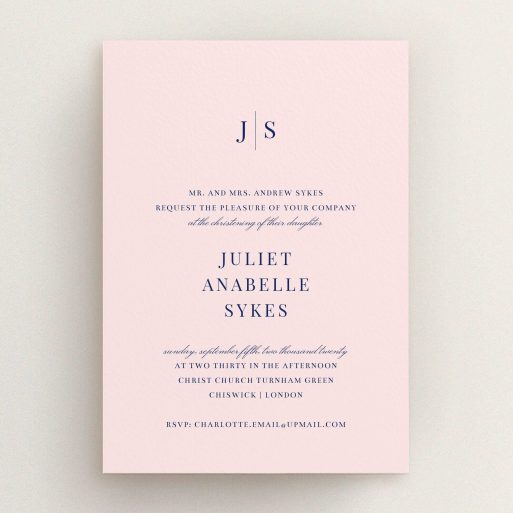 Christening Invite Design - "Monogrammed Pink Tradition" A christening invite design called "Monogrammed Pink Tradition". It is an A5 invite in a portrait orientation. "Monogrammed Pink Tradition" is available as a flat invite, with tones of blue and pink.