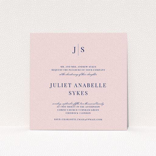 A christening invite called "Monogrammed Pink Tradition". It is a square (148mm x 148mm) invite in a square orientation. "Monogrammed Pink Tradition" is available as a flat invite, with tones of blue and pink.