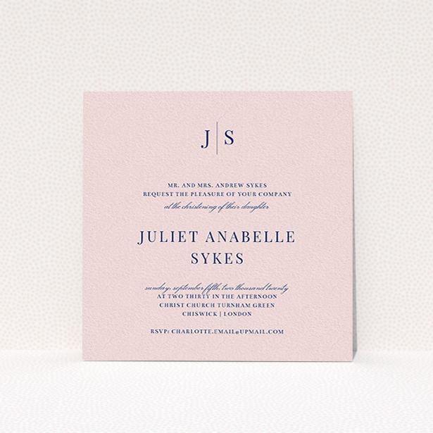 A christening invite called "Monogrammed Pink Tradition". It is a square (148mm x 148mm) invite in a square orientation. "Monogrammed Pink Tradition" is available as a flat invite, with tones of blue and pink.