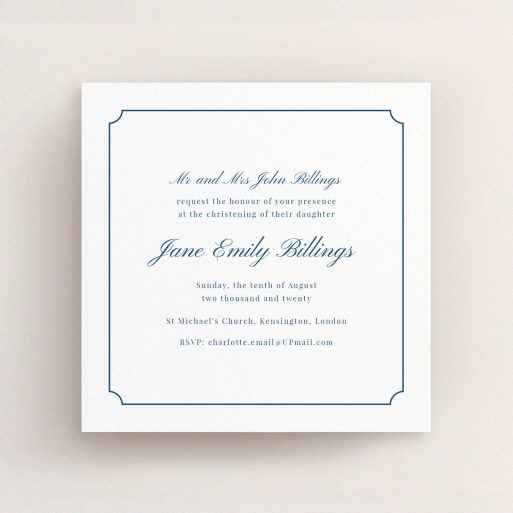 Christening Invite Design - "Notch Border" A christening invite design called "Notch Border". It is a square (148mm x 148mm) invite in a square orientation. "Notch Border" is available as a flat invite, with tones of white and blue.