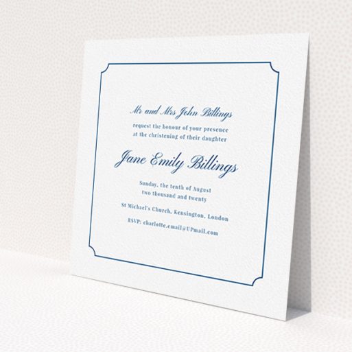 A christening invite design called 'Notch Border'. It is a square (148mm x 148mm) invite in a square orientation. 'Notch Border' is available as a flat invite, with tones of white and blue.