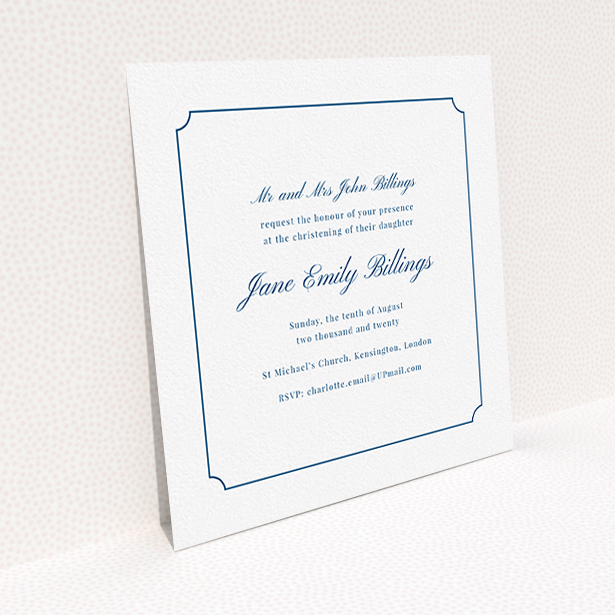A christening invite design called "Notch Border". It is a square (148mm x 148mm) invite in a square orientation. "Notch Border" is available as a flat invite, with tones of white and blue.