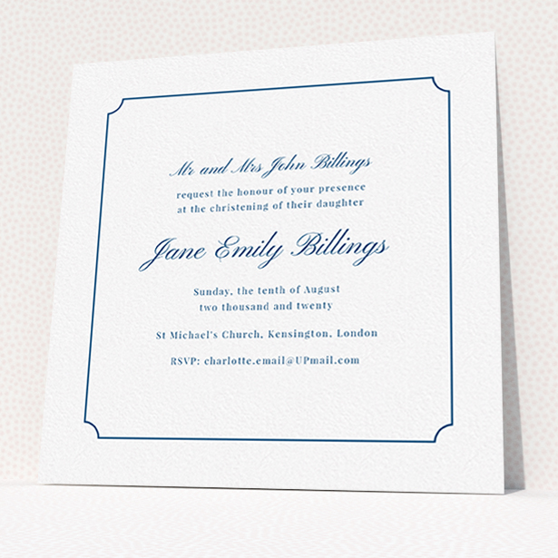 A christening invite design called "Notch Border". It is a square (148mm x 148mm) invite in a square orientation. "Notch Border" is available as a flat invite, with tones of white and blue.