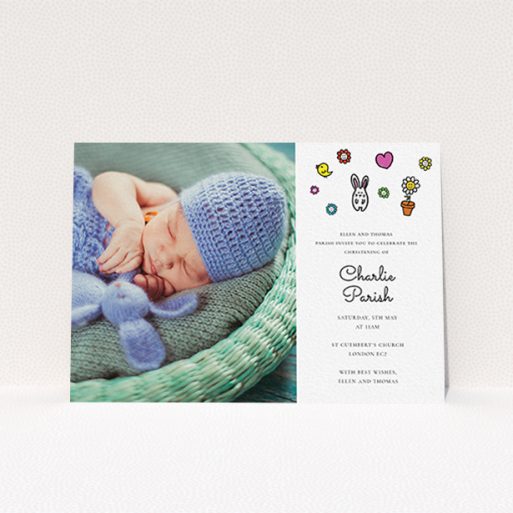 A christening invite design called "Nursery Abstract". It is an A6 invite in a landscape orientation. It is a photographic christening invite with room for 1 photo. "Nursery Abstract" is available as a flat invite, with mainly white colouring.