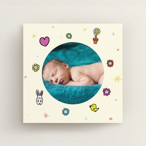 Christening Invite Design - "Nursery Frame" A christening invite template titled "Nursery Frame". It is a square (148mm x 148mm) invite in a square orientation. It is a photographic christening invite with room for 1 photo. "Nursery Frame" is available as a flat invite, with tones of cream and yellow.