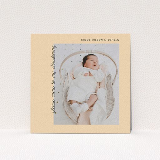 A christening invite called "Old Orange". It is a square (148mm x 148mm) invite in a square orientation. It is a photographic christening invite with room for 1 photo. "Old Orange" is available as a flat invite, with mainly pale orange colouring.