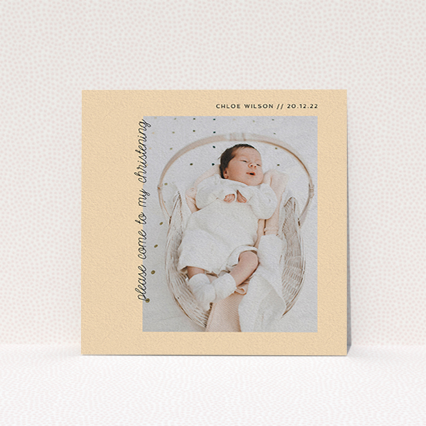 A christening invite called "Old Orange". It is a square (148mm x 148mm) invite in a square orientation. It is a photographic christening invite with room for 1 photo. "Old Orange" is available as a flat invite, with mainly pale orange colouring.