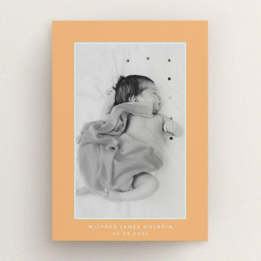 Christening Invite Design - "Orange Mint Photo Frame" A christening invite template titled "Orange Mint Photo Frame". It is an A5 invite in a portrait orientation. It is a photographic christening invite with room for 1 photo. "Orange Mint Photo Frame" is available as a flat invite, with tones of orange and blue.