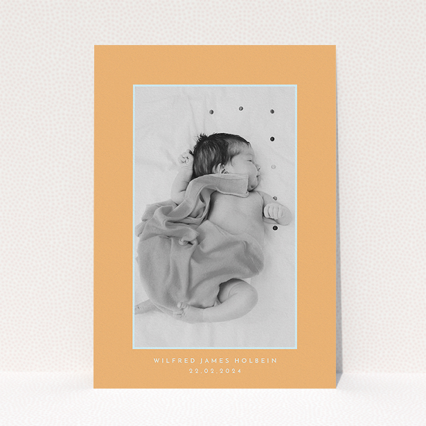 A christening invite template titled "Orange Mint Photo Frame". It is an A5 invite in a portrait orientation. It is a photographic christening invite with room for 1 photo. "Orange Mint Photo Frame" is available as a flat invite, with tones of orange and blue.