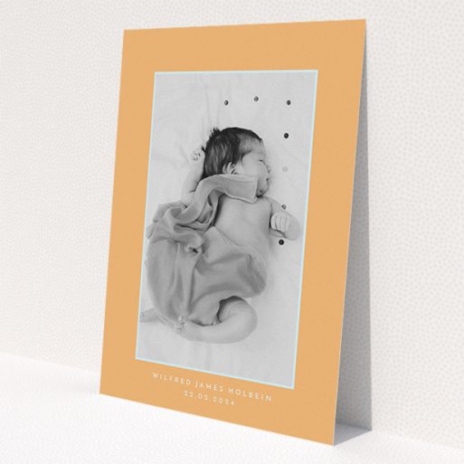 A christening invite template titled 'Orange Mint Photo Frame'. It is an A5 invite in a portrait orientation. It is a photographic christening invite with room for 1 photo. 'Orange Mint Photo Frame' is available as a flat invite, with tones of orange and blue.