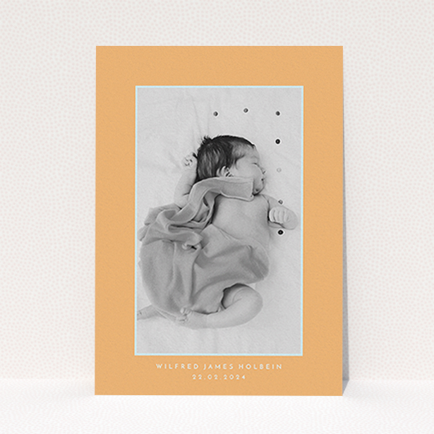A christening invite design titled "Orange Mint Photo Frame". It is an A6 invite in a portrait orientation. It is a photographic christening invite with room for 1 photo. "Orange Mint Photo Frame" is available as a flat invite, with tones of orange and blue.