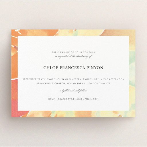 Christening Invite Design - "Pastel Blossom" A christening invite named "Pastel Blossom". It is an A5 invite in a landscape orientation. "Pastel Blossom" is available as a flat invite, with tones of orange and mint green.