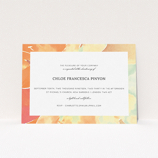 A christening invite named "Pastel Blossom". It is an A5 invite in a landscape orientation. "Pastel Blossom" is available as a flat invite, with tones of orange and mint green.