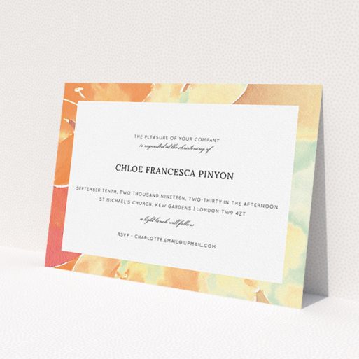 A christening invite named 'Pastel Blossom'. It is an A5 invite in a landscape orientation. 'Pastel Blossom' is available as a flat invite, with tones of orange and mint green.